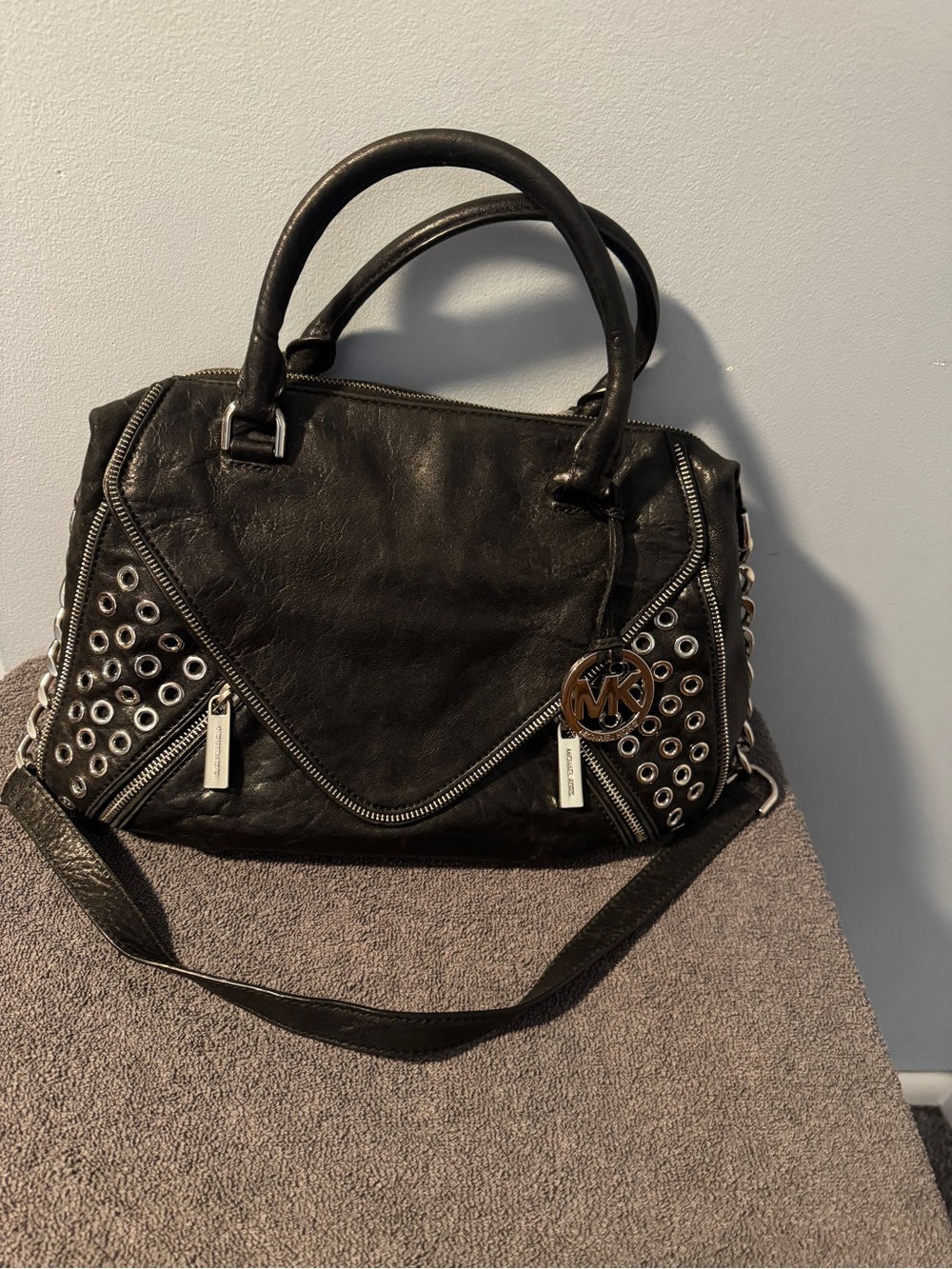 Michael Kors Black Leather Eyelet Satchel with MK Charm